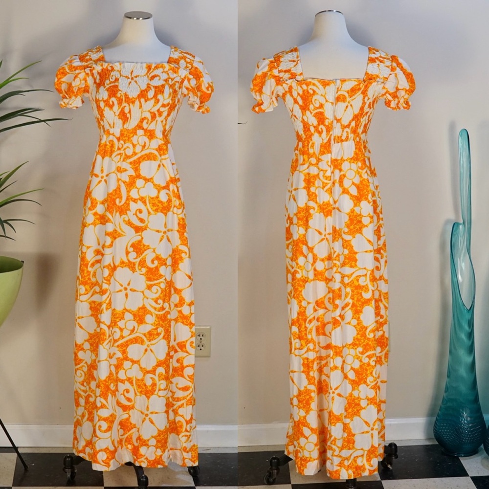 Vintage 60s 70s orange Hawaiian frock midi maxi floral L